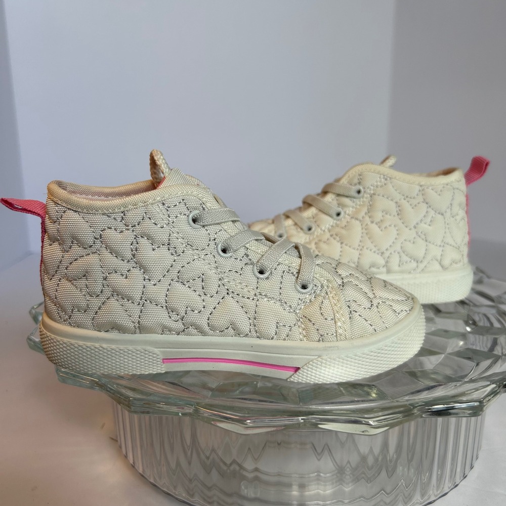 Carters 9M Sneakers Shoes‎ Quilted Hearts Beige Pink Toddler Girl Casual Lace Up